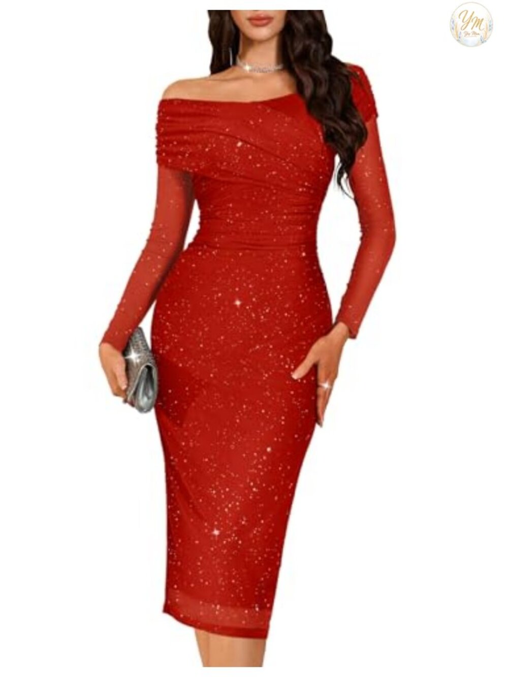 Sparkly Off Shoulder Sequin Formal Wedding Guest Bodycon Midi Dress